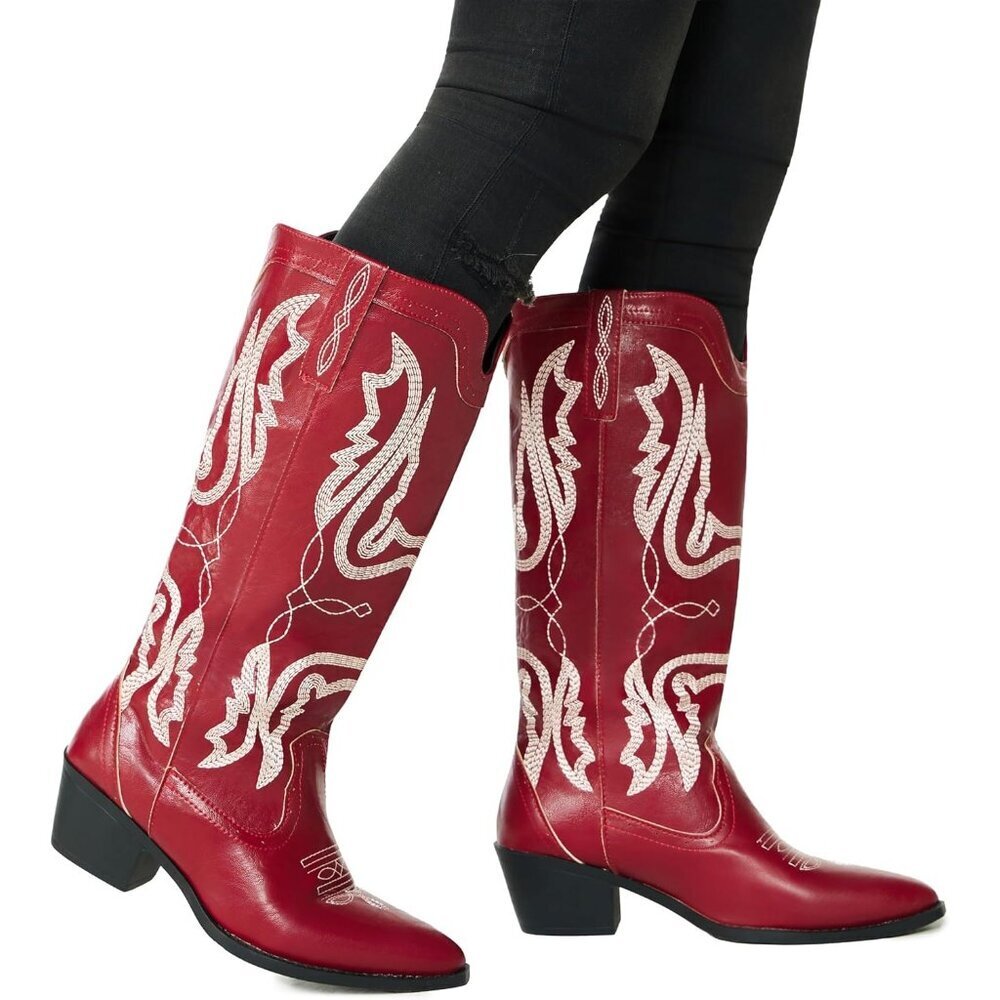 Women's Red Mid Calf Western Cowgirl Chunky Heel Embroidered Pointed Toe Boots - Picture 4 of 5
